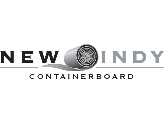 Logo of New Indy Containerboard with a stylized rolled paper graphic and the tagline 'We deliver premium recycled liner and medium for sustainable packaging'.