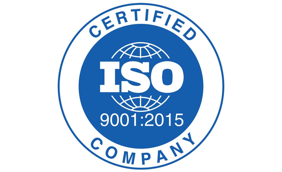 Blue and white circular stamp reading CERTIFIED COMPANY around the edge with ISO 9001:2015 and a globe design in the center.