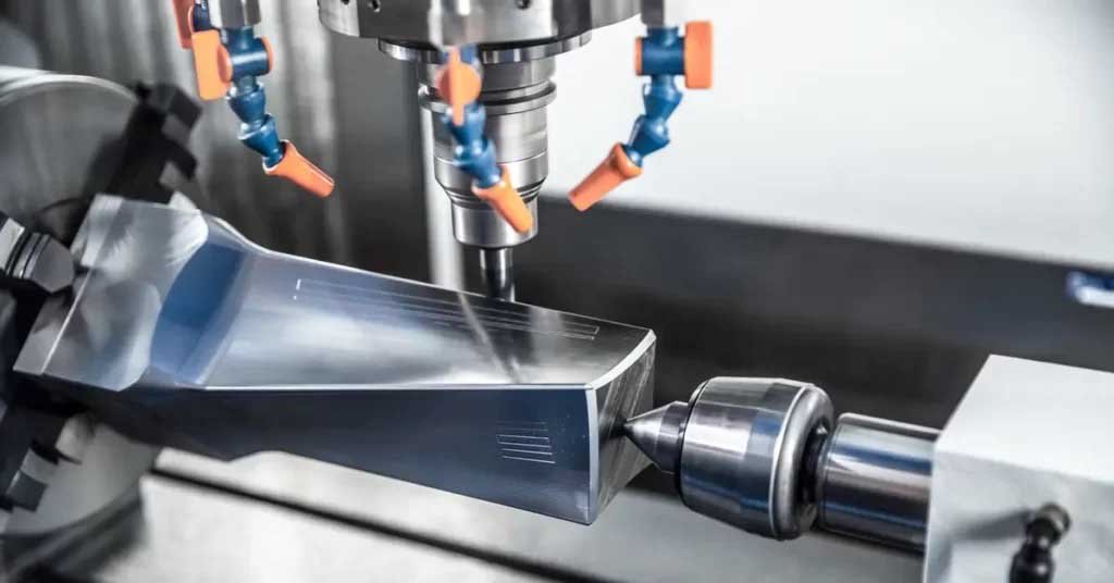 Close-up of a CNC milling machine cutting a metal workpiece with coolant hoses positioned around the cutting tool.
