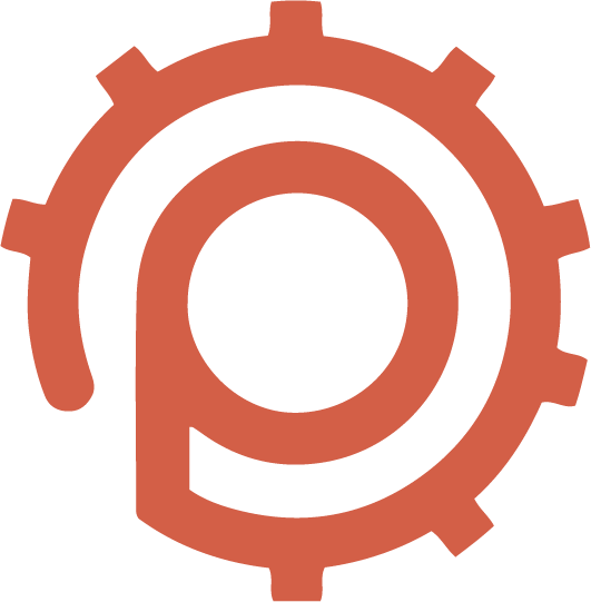 Abstract orange gear icon with an integrated circular and hook shape inside.